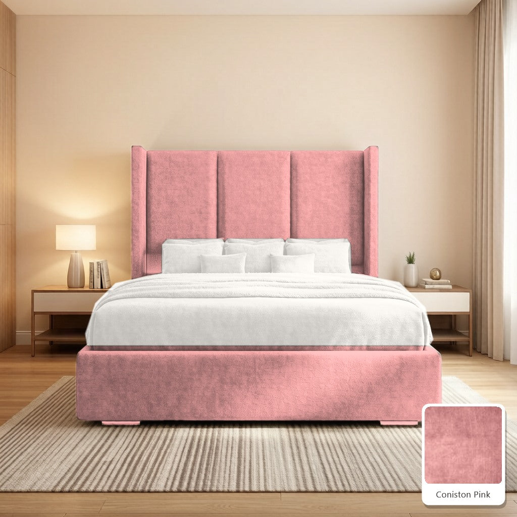 Amelia Wingback Bed Frame in Coniston Pink, with Coniston Pink fabric sample
