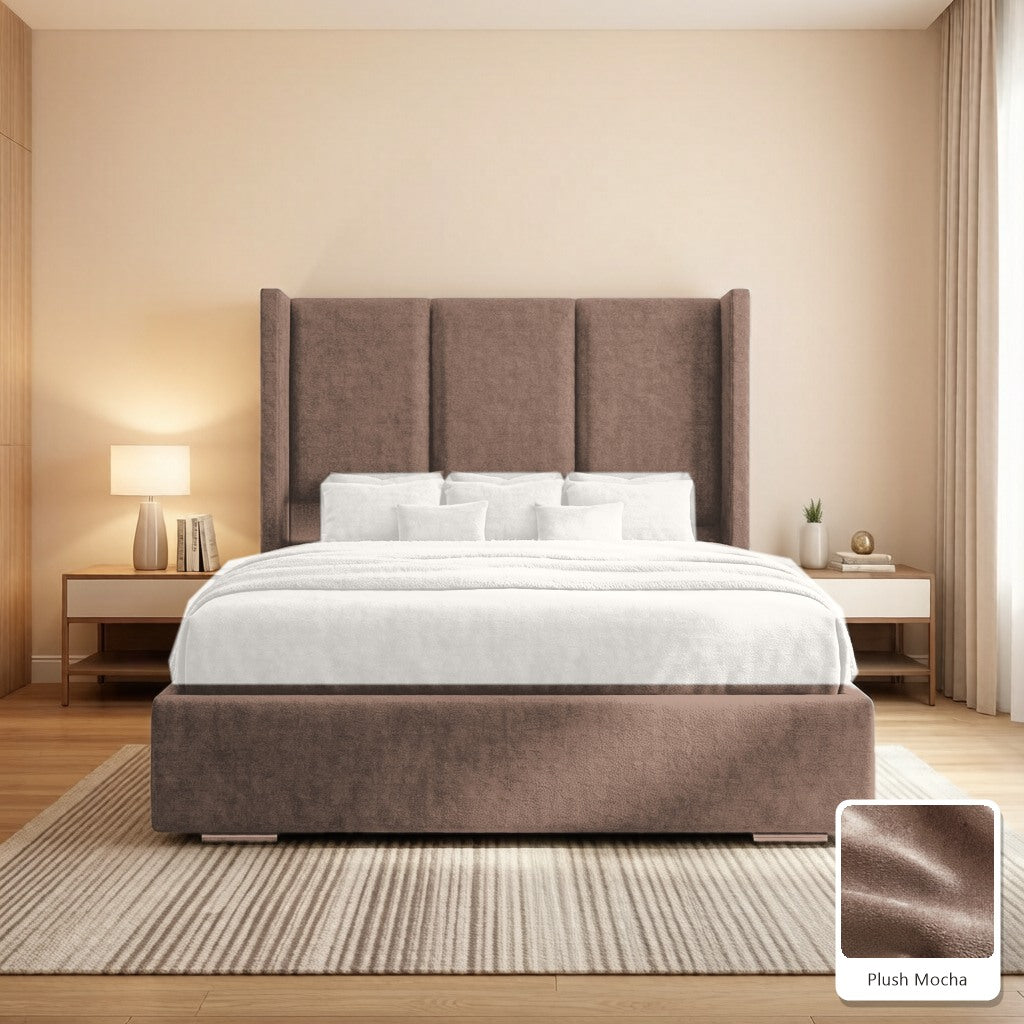 Amelia Wingback Bed Frame in Plush Mocha, with Plush Mocha fabric sample