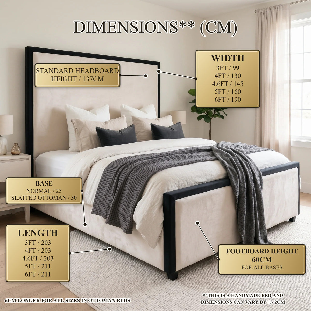 Ashby Contrast Border Bed Frame in Plush Cream - dimensions and measurements