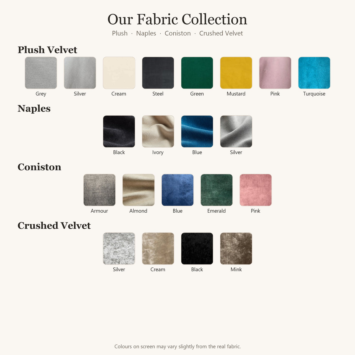 Fabric collection: Plush, Naples, Coniston and Crushed Velvet colours