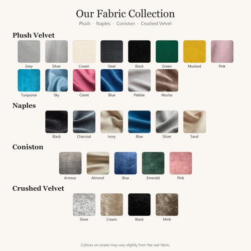 Fabric collection: Plush, Naples, Coniston and Crushed Velvet colours