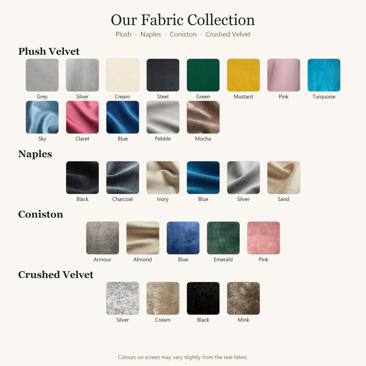 Fabric collection: Plush, Naples, Coniston and Crushed Velvet colours