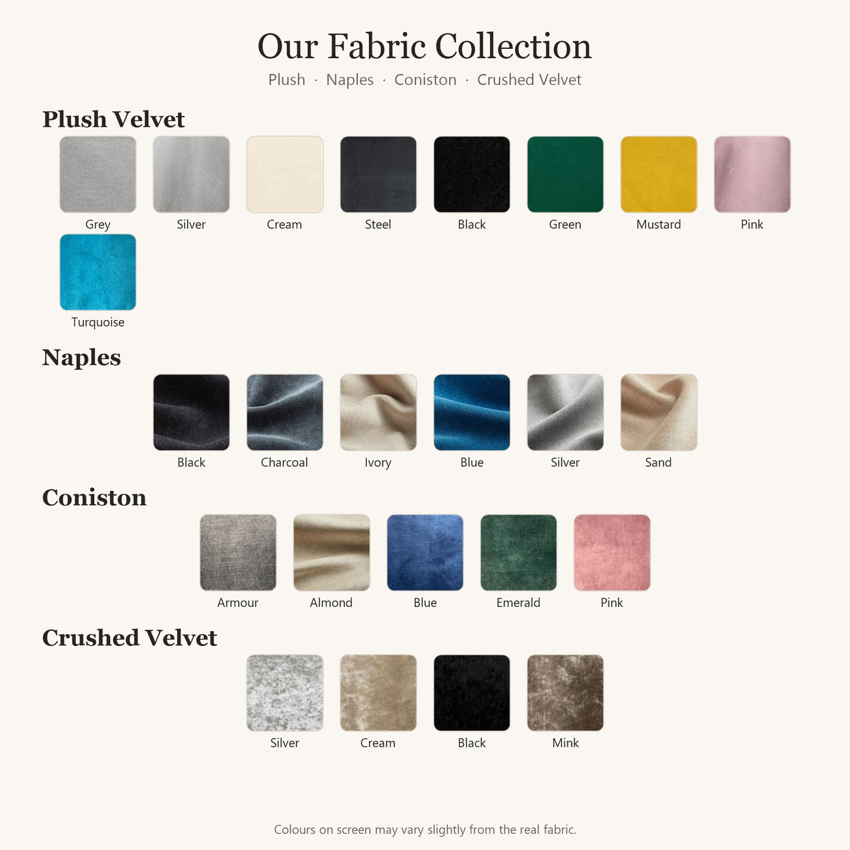 Fabric collection: Plush, Naples, Coniston and Crushed Velvet colours