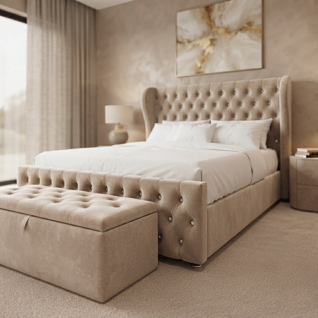 Kendal Butterfly Wingback Bed Frame in beige velvet with diamante buttons