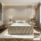 Luma Designer Bed Frame in Coniston Almond, with Coniston Almond fabric sample