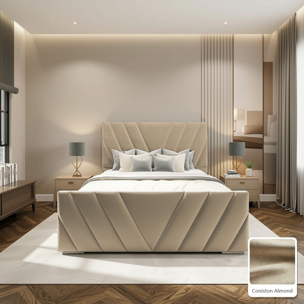 Luma Designer Bed Frame in Coniston Almond, with Coniston Almond fabric sample