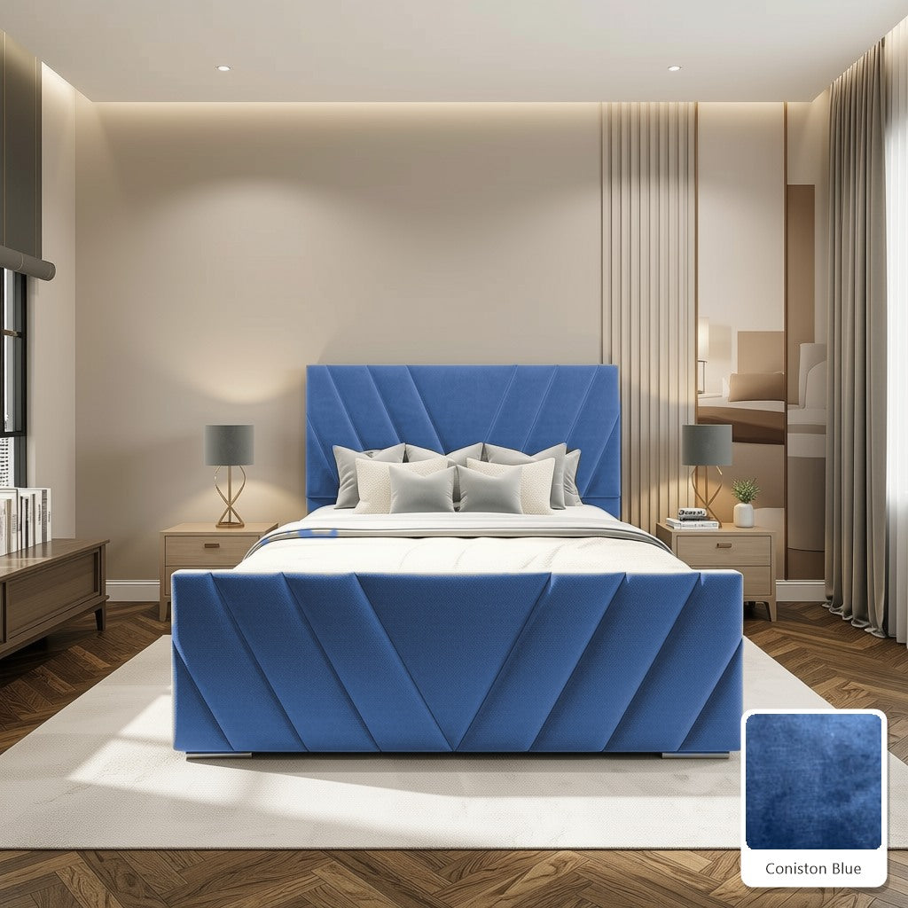 Luma Designer Bed Frame in Coniston Blue, with Coniston Blue fabric sample