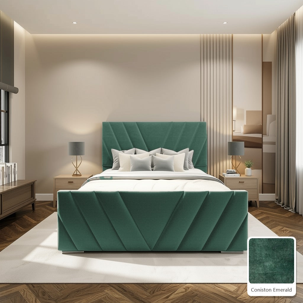 Luma Designer Bed Frame in Coniston Emerald, with Coniston Emerald fabric sample