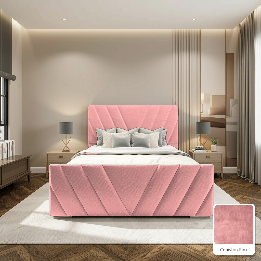 Luma Designer Bed Frame in Coniston Pink, with Coniston Pink fabric sample