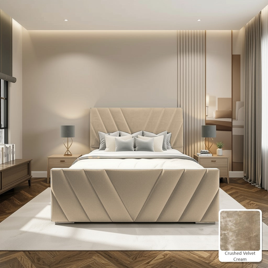 Luma Designer Bed Frame in Crushed Velvet Cream, with Crushed Velvet Cream fabric sample