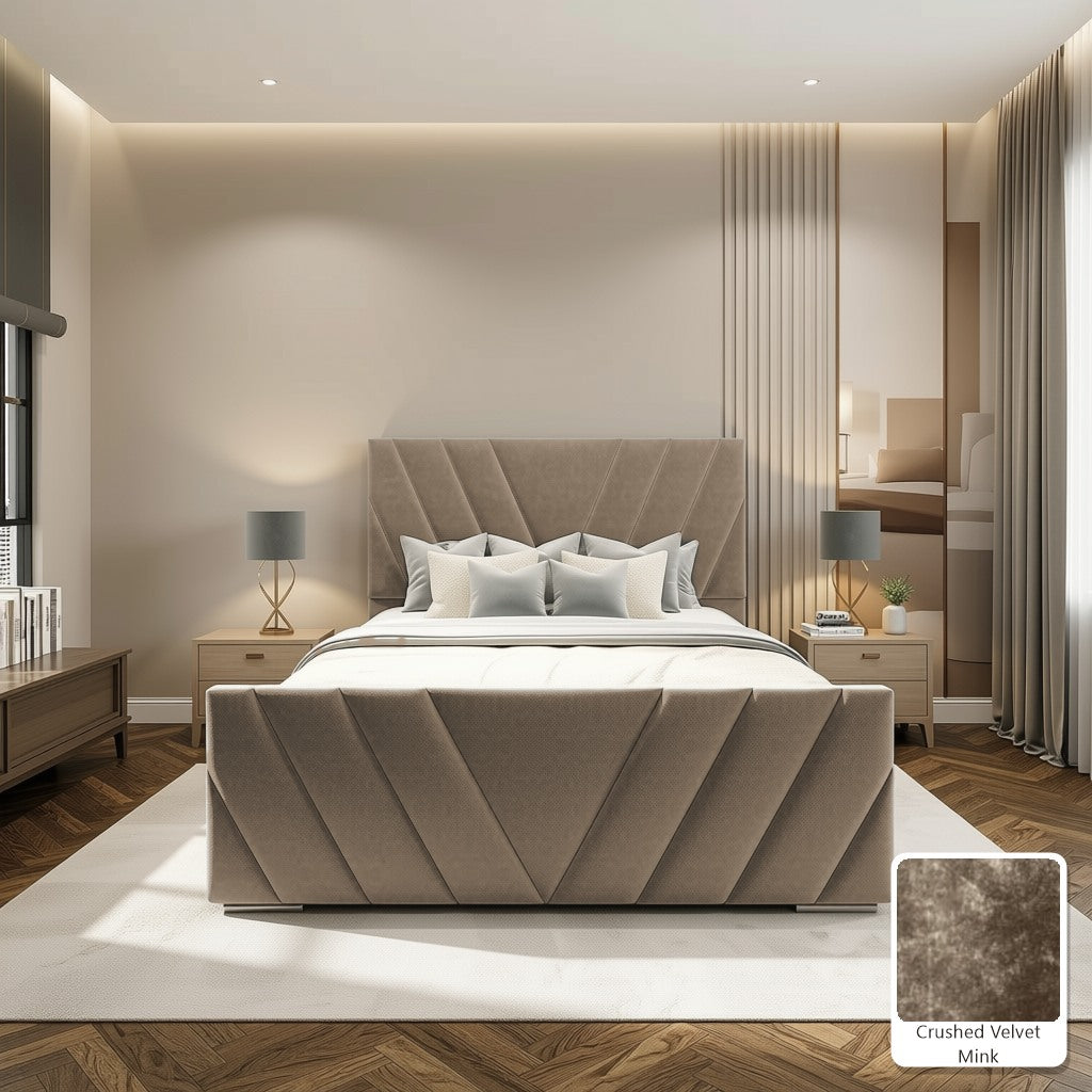 Luma Designer Bed Frame in Crushed Velvet Mink, with Crushed Velvet Mink fabric sample