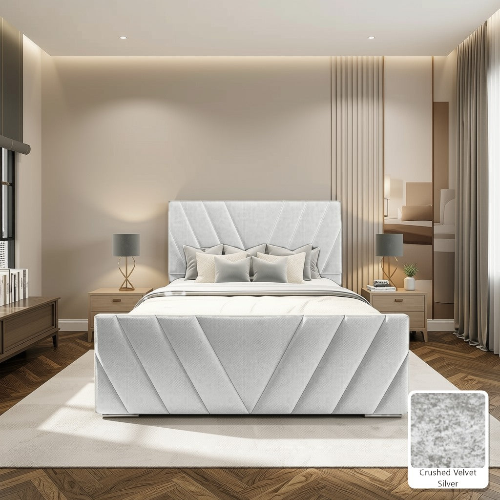 Luma Designer Bed Frame in Crushed Velvet Silver, with Crushed Velvet Silver fabric sample