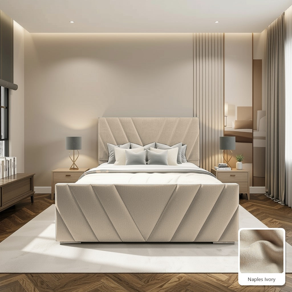 Luma Designer Bed Frame in Naples Ivory, with Naples Ivory fabric sample