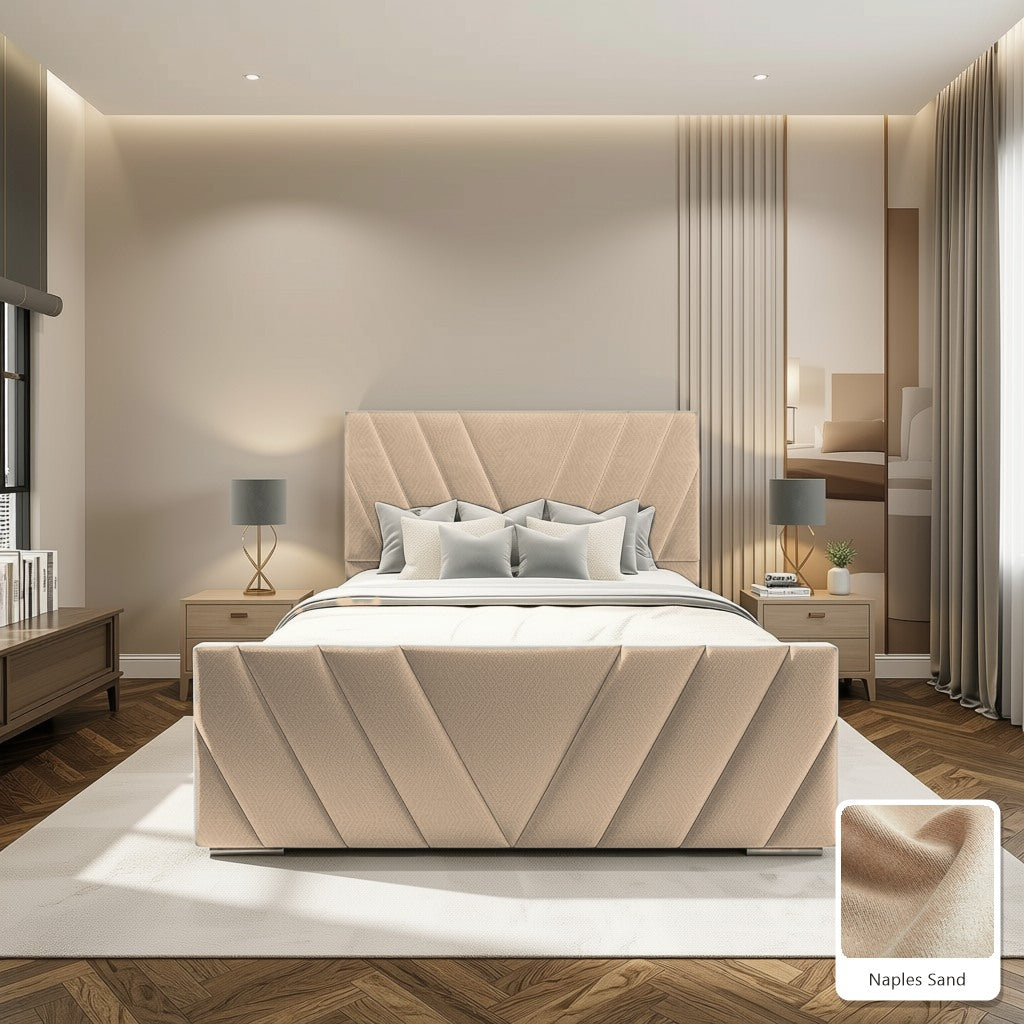 Luma Designer Bed Frame in Naples Sand, with Naples Sand fabric sample