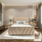 Luma Designer Bed Frame in Naples Sand, with Naples Sand fabric sample