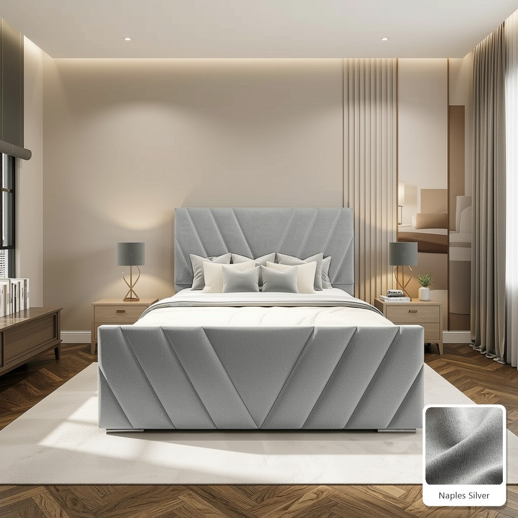 Luma Designer Bed Frame in Naples Silver, with Naples Silver fabric sample