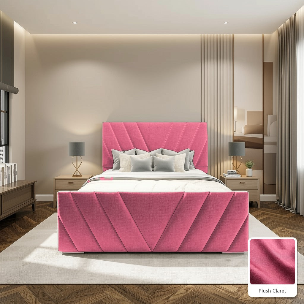 Luma Designer Bed Frame in Plush Claret, with Plush Claret fabric sample