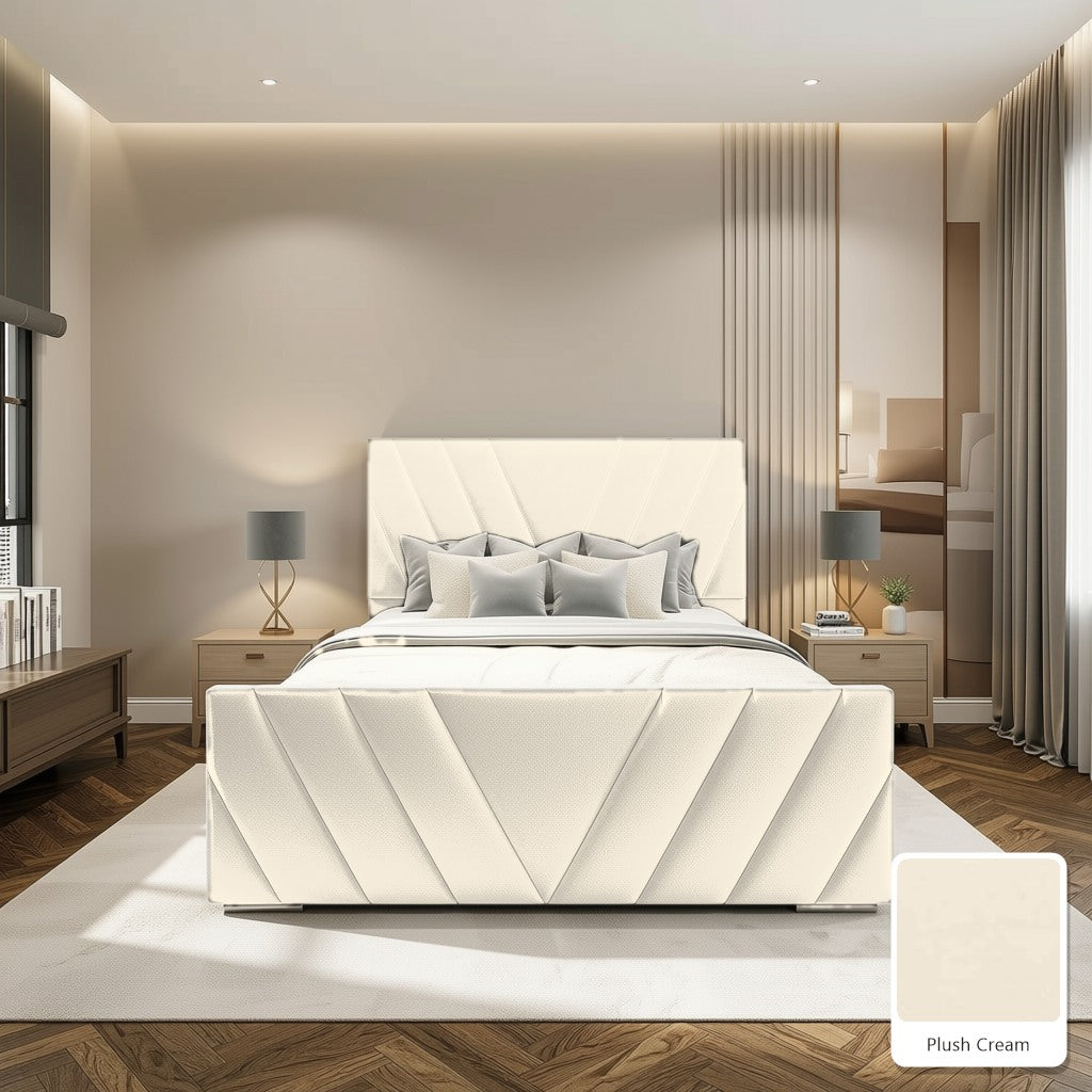 Luma Designer Bed Frame in Plush Cream, with Plush Cream fabric sample