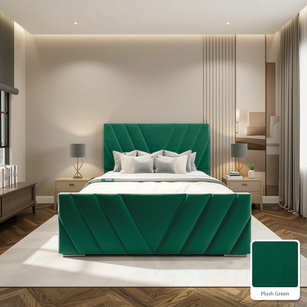 Luma Designer Bed Frame in Plush Green, with Plush Green fabric sample