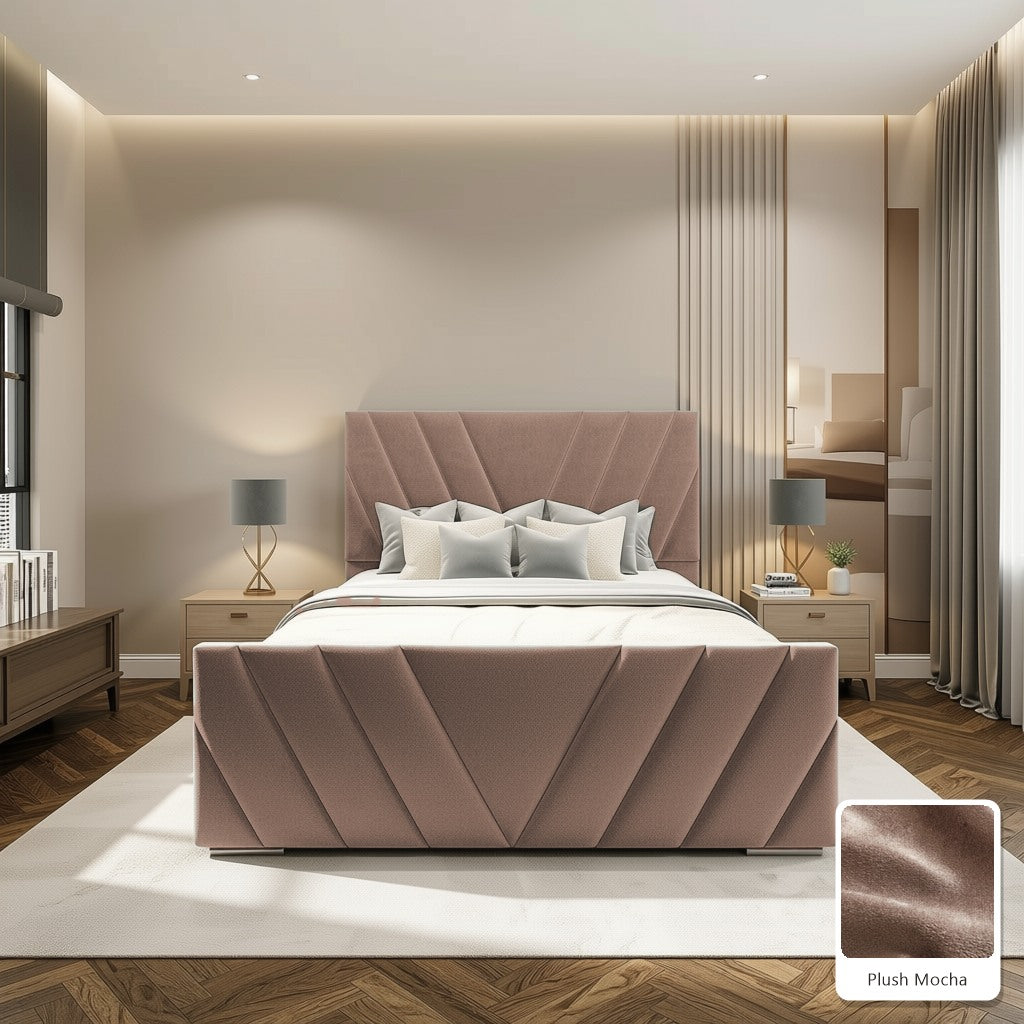 Luma Designer Bed Frame in Plush Mocha, with Plush Mocha fabric sample