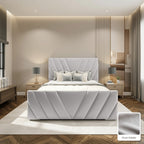 Luma Designer Bed Frame in Plush Pebble, with Plush Pebble fabric sample