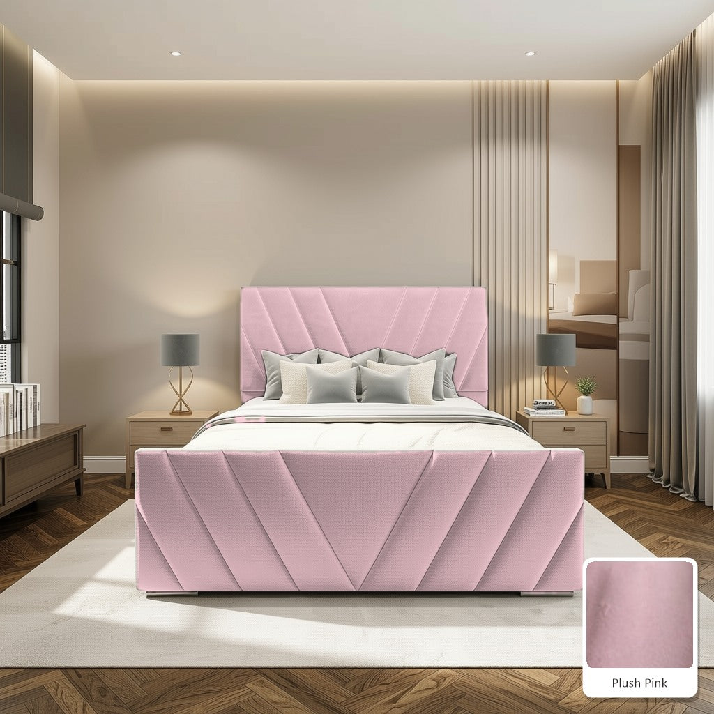 Luma Designer Bed Frame in Plush Pink, with Plush Pink fabric sample