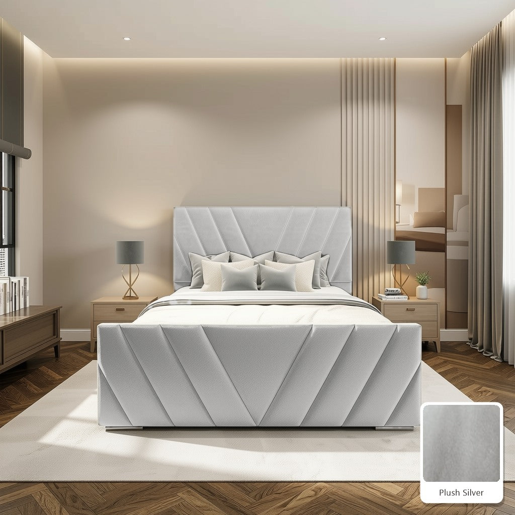 Luma Designer Bed Frame in Plush Silver, with Plush Silver fabric sample