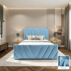 Luma Designer Bed Frame in Plush Sky, with Plush Sky fabric sample