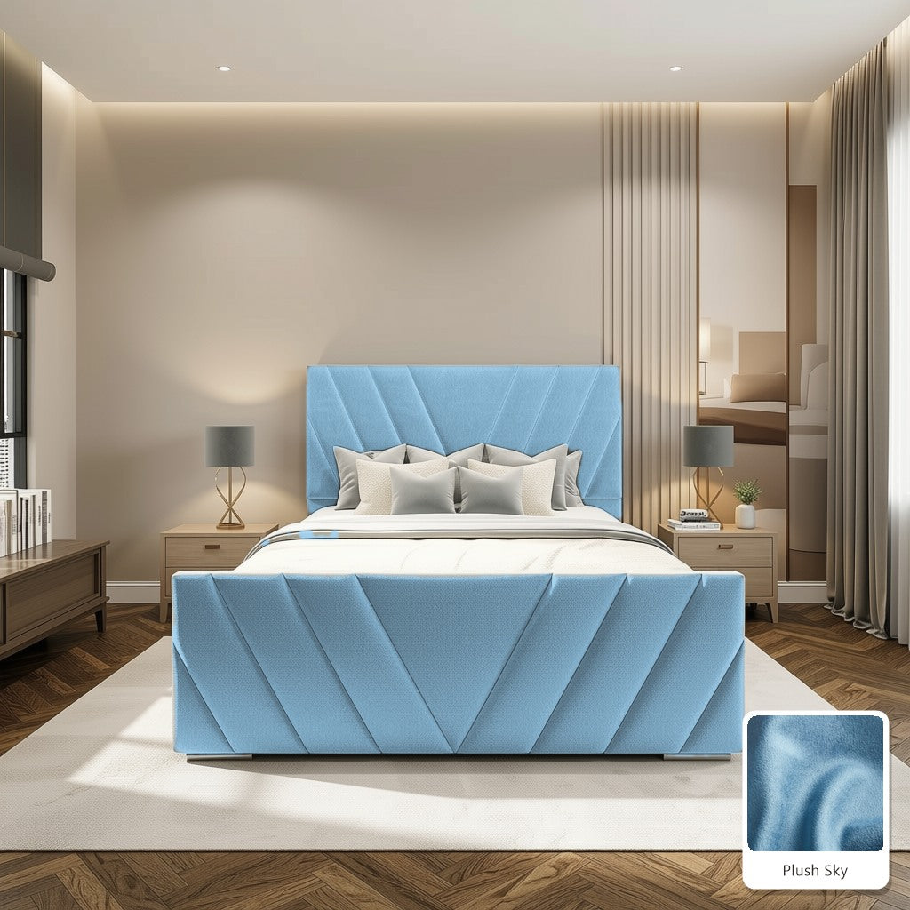 Luma Designer Bed Frame in Plush Sky, with Plush Sky fabric sample