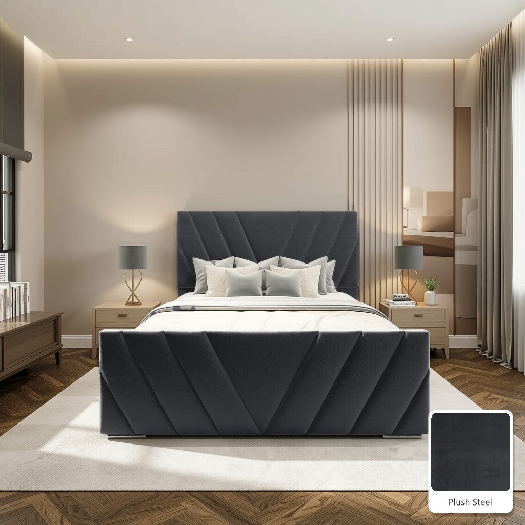 Luma Designer Bed Frame in Plush Steel, with Plush Steel fabric sample