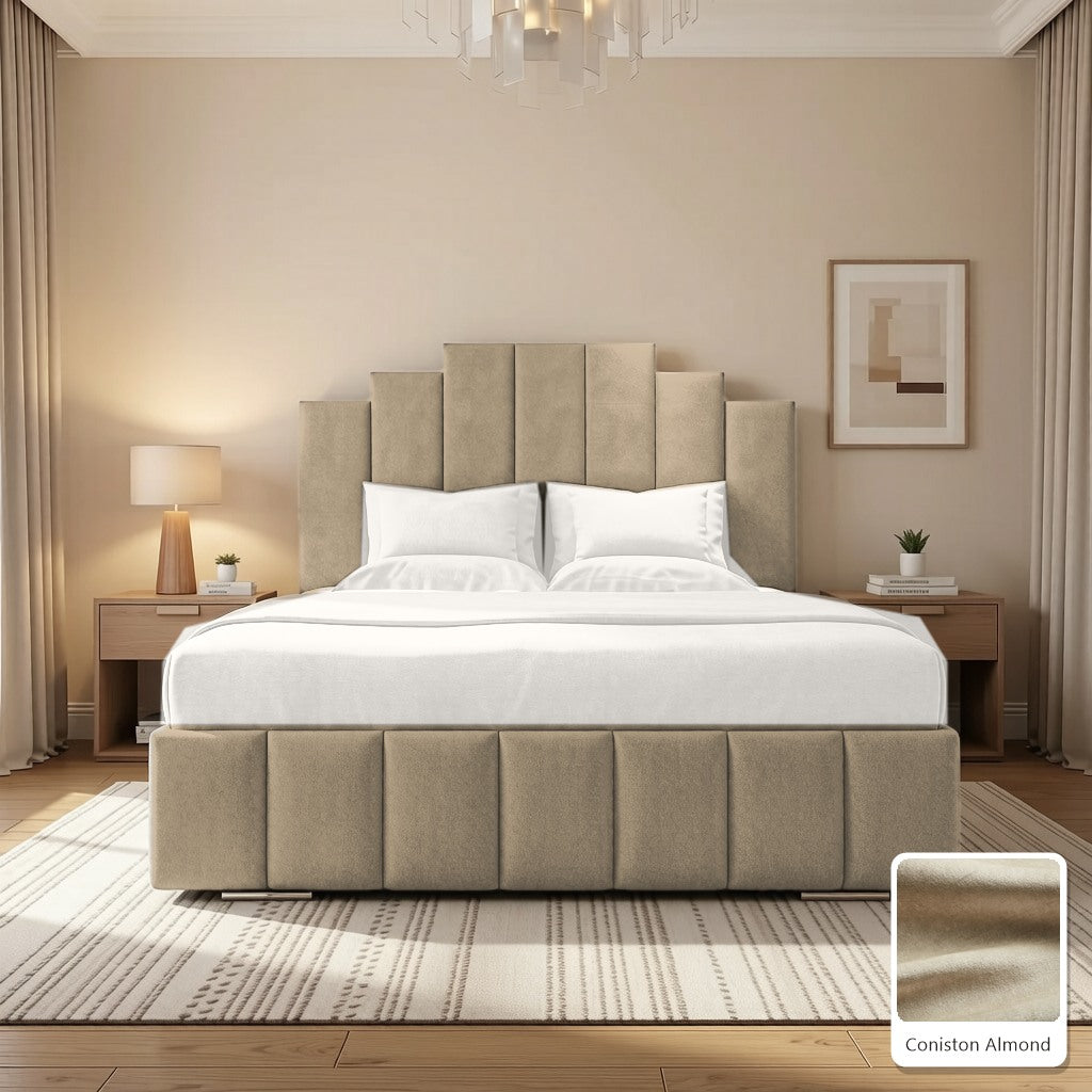 Mayfair Upholstered Bed Frame in Coniston Almond, with Coniston Almond fabric sample