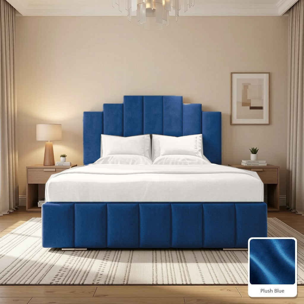 Mayfair Upholstered Bed Frame in Plush Blue, with Plush Blue fabric sample