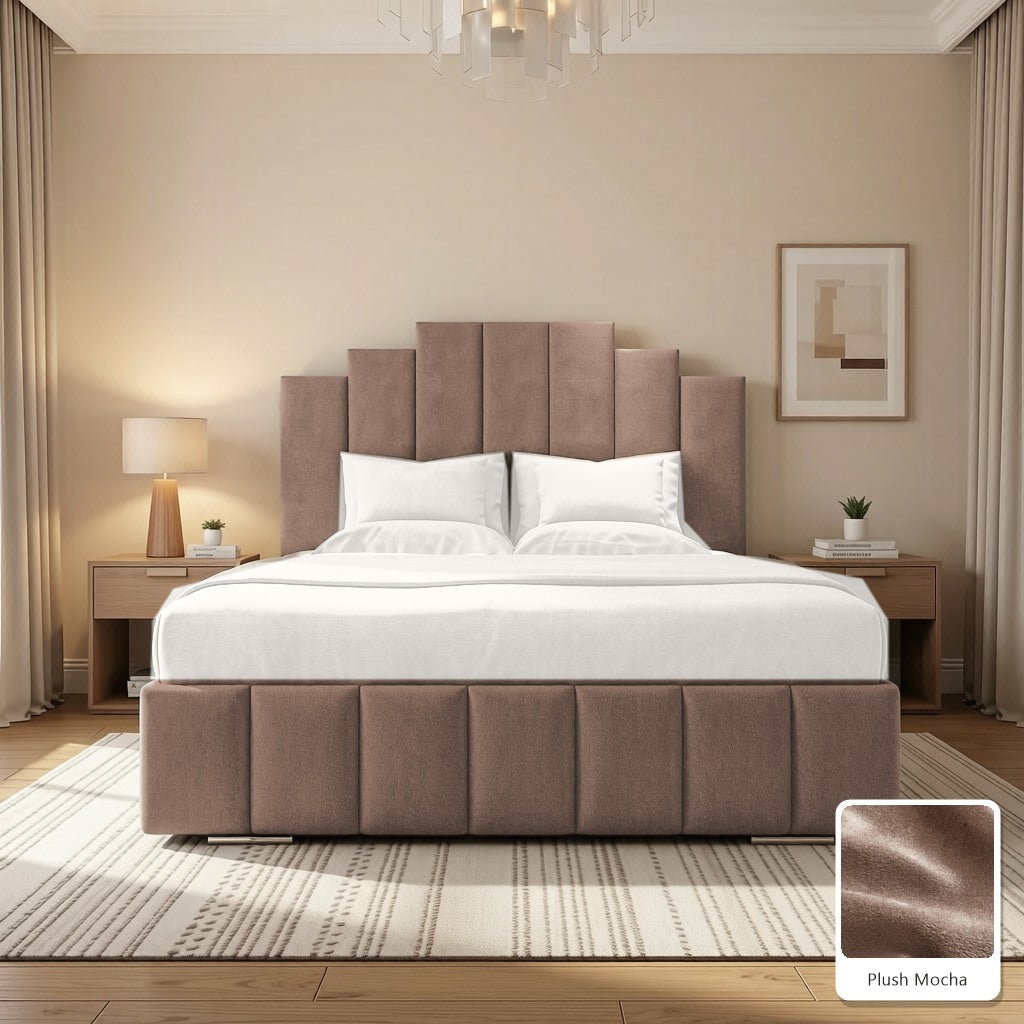 Mayfair Upholstered Bed Frame in Plush Mocha, with Plush Mocha fabric sample