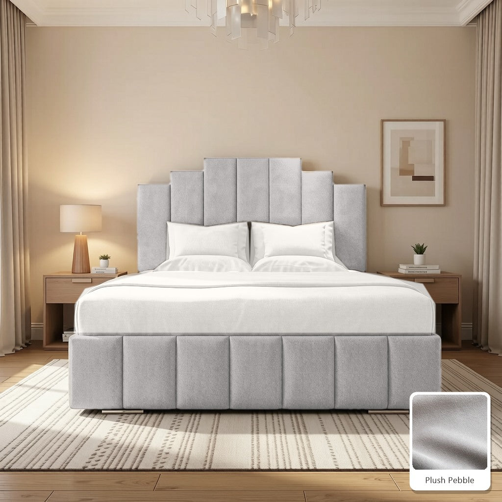 Mayfair Upholstered Bed Frame in Plush Pebble, with Plush Pebble fabric sample