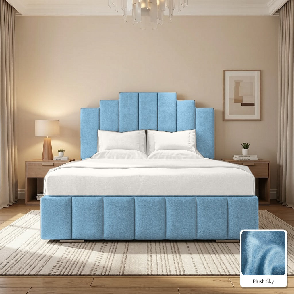 Mayfair Upholstered Bed Frame in Plush Sky, with Plush Sky fabric sample