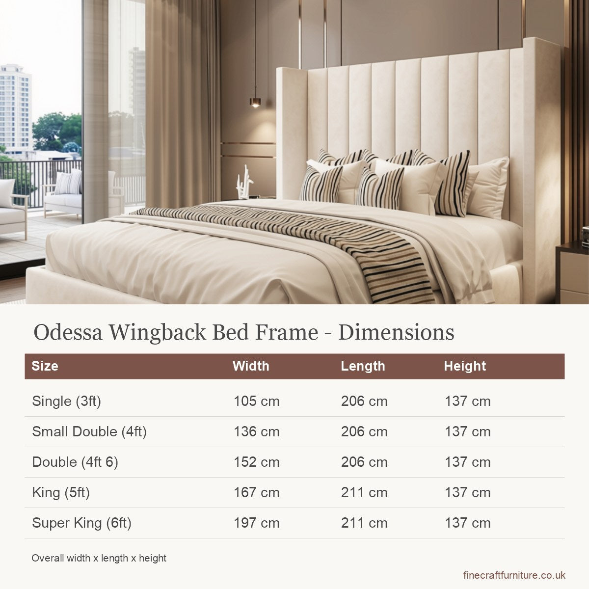 Odessa Wingback Bed Frame dimensions for every UK size