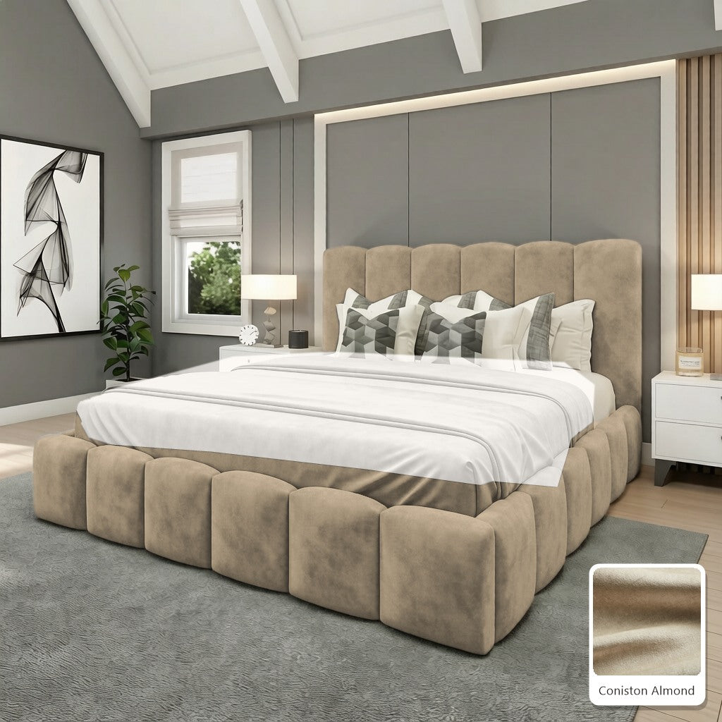 Olivia Upholstered Bed Frame in Coniston Almond, with Coniston Almond fabric sample