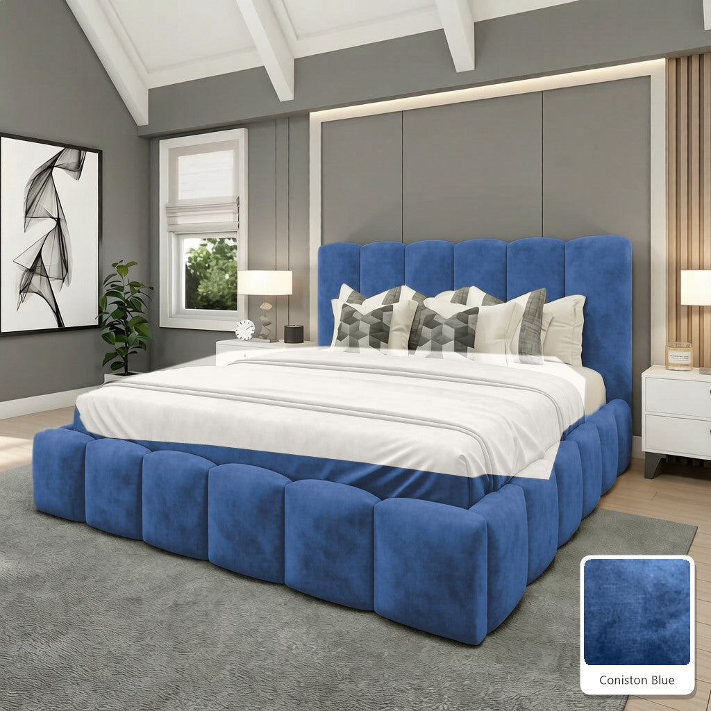 Olivia Upholstered Bed Frame in Coniston Blue, with Coniston Blue fabric sample