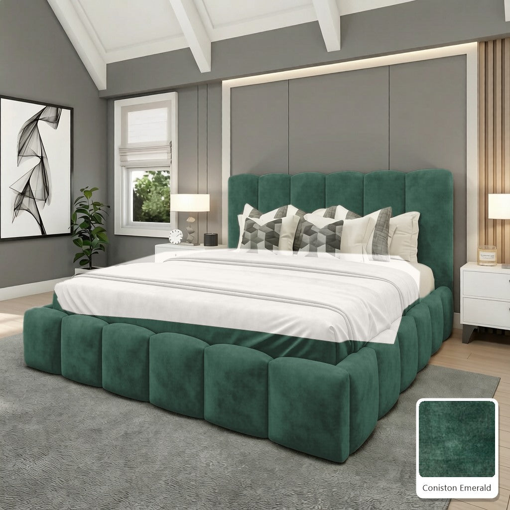 Olivia Upholstered Bed Frame in Coniston Emerald, with Coniston Emerald fabric sample
