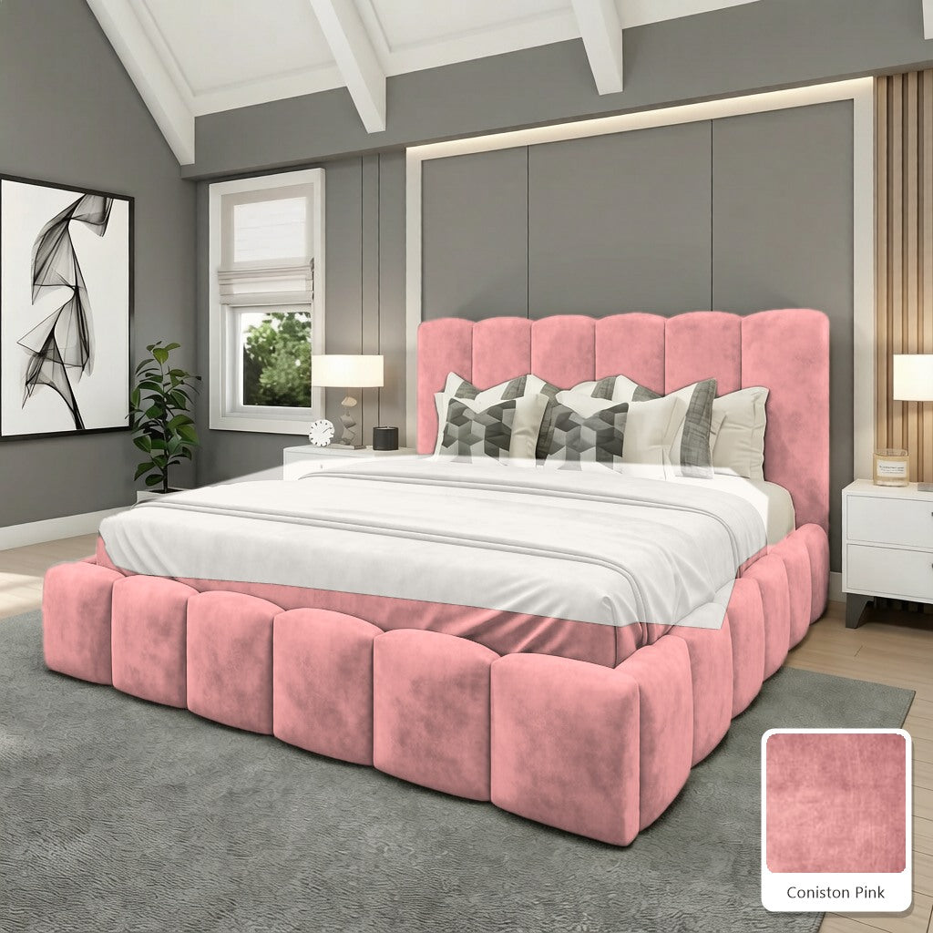 Olivia Upholstered Bed Frame in Coniston Pink, with Coniston Pink fabric sample