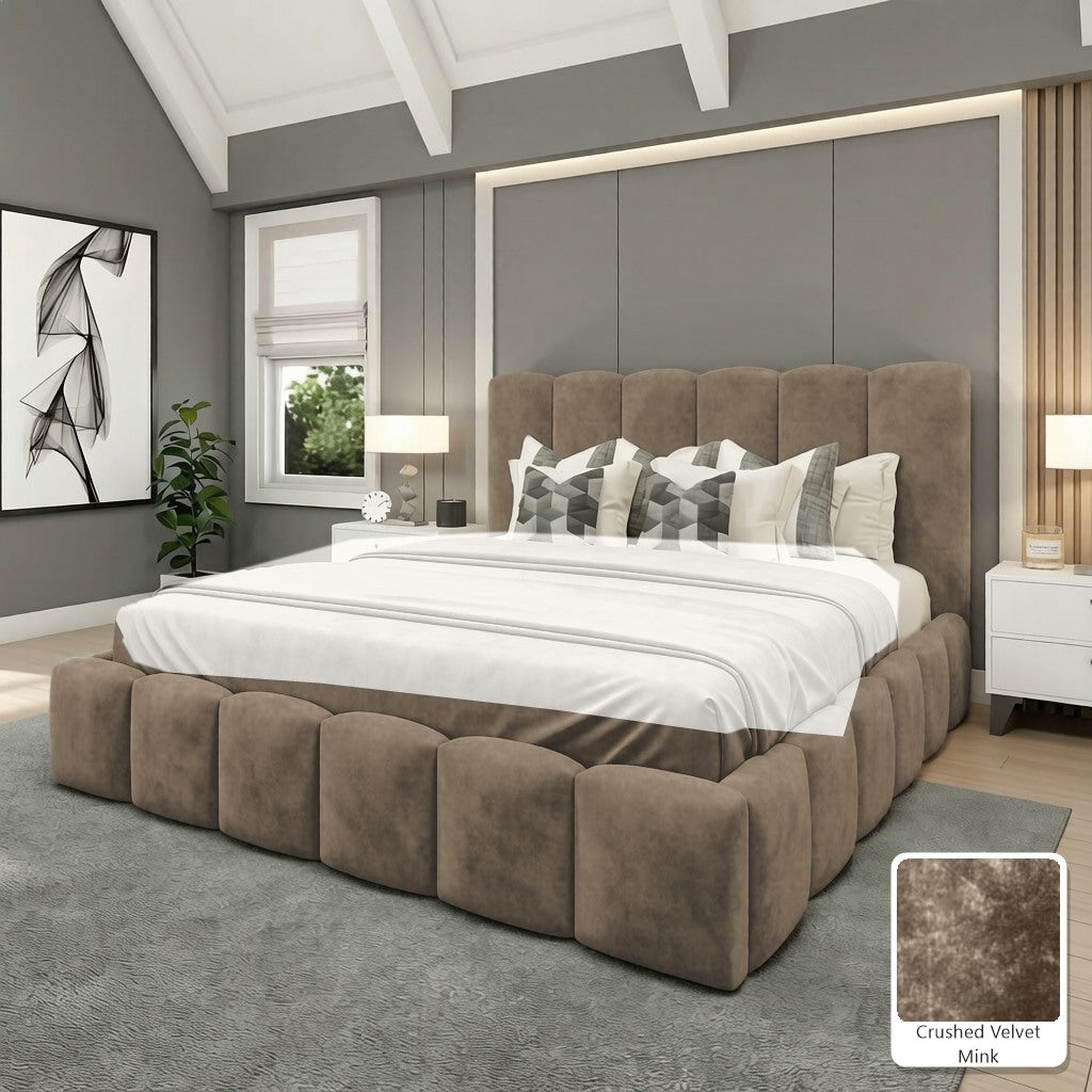 Olivia Upholstered Bed Frame in Crushed Velvet Mink, with Crushed Velvet Mink fabric sample