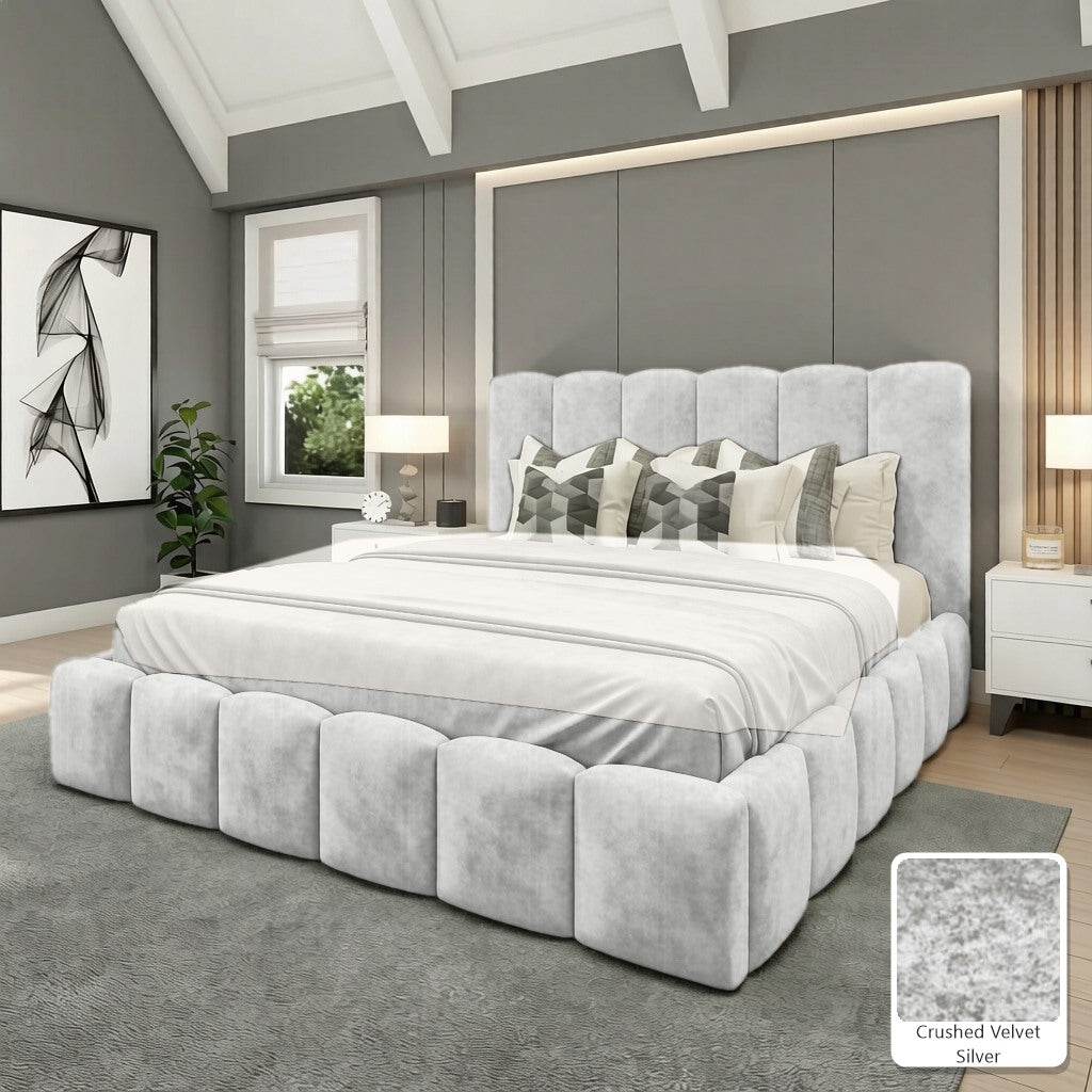 Olivia Upholstered Bed Frame in Crushed Velvet Silver, with Crushed Velvet Silver fabric sample