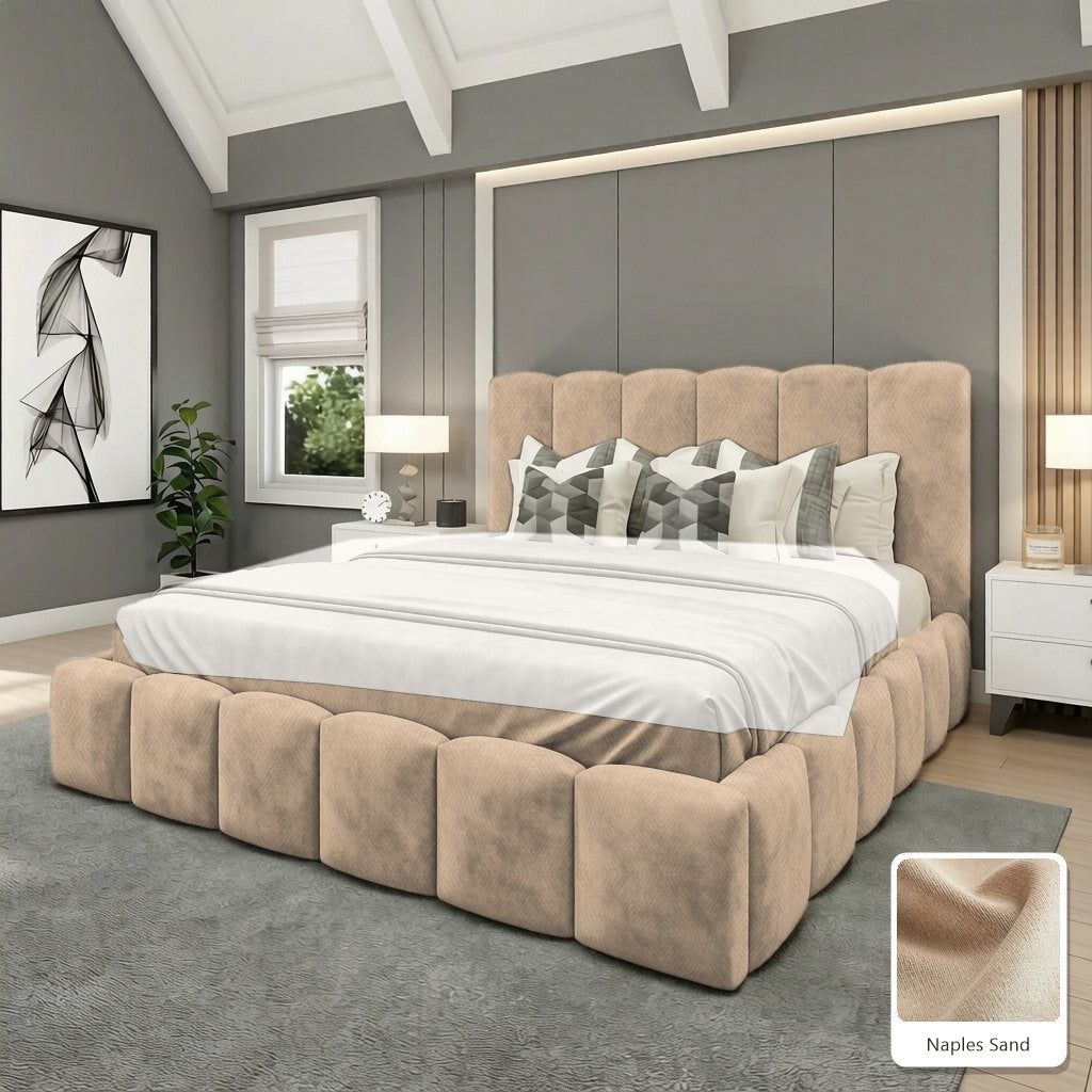 Olivia Upholstered Bed Frame in Naples Sand, with Naples Sand fabric sample