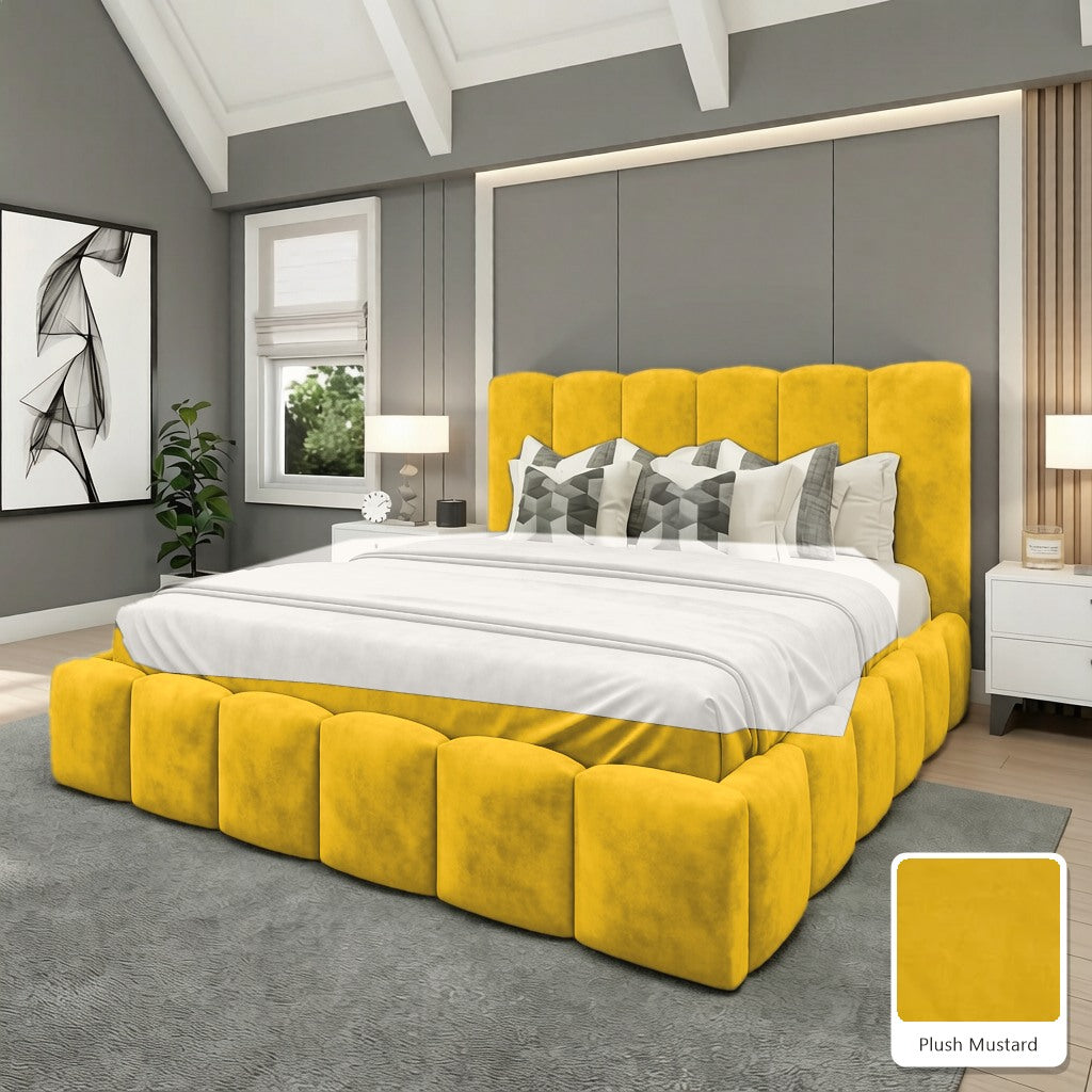 Olivia Upholstered Bed Frame in Plush Mustard, with Plush Mustard fabric sample