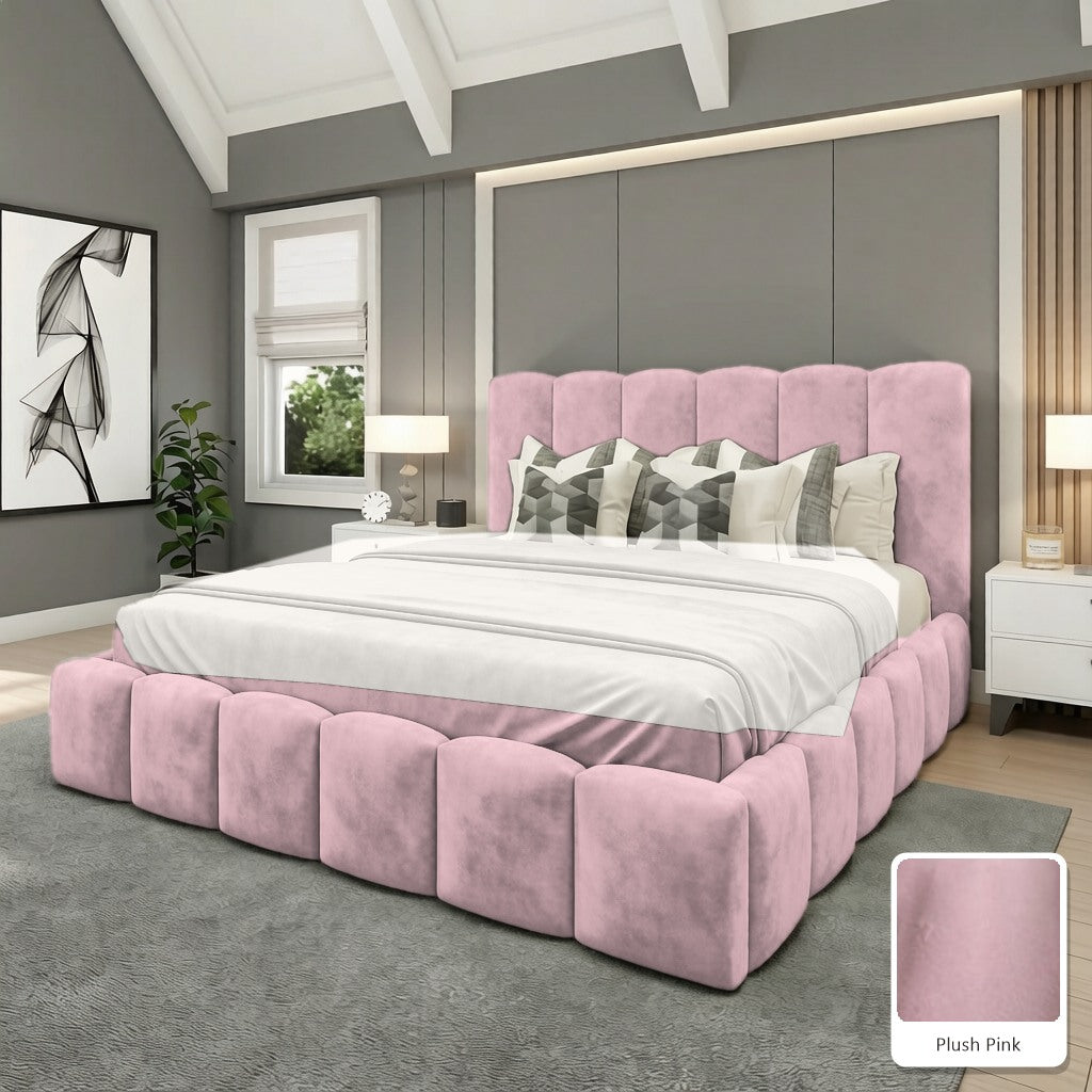 Olivia Upholstered Bed Frame in Plush Pink, with Plush Pink fabric sample