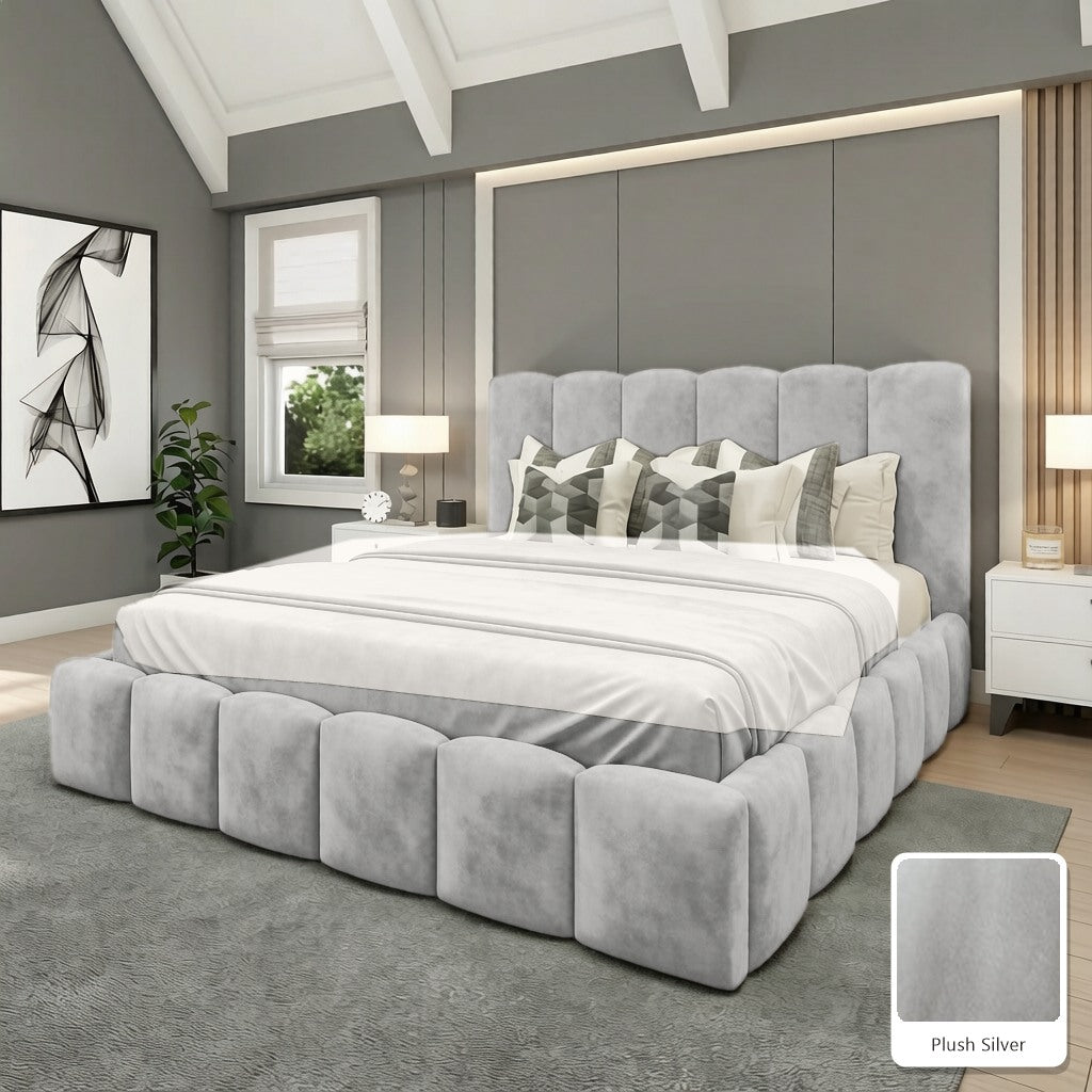 Olivia Upholstered Bed Frame in Plush Silver, with Plush Silver fabric sample
